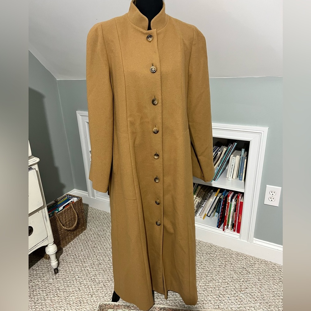 Women's Long Camel Wool Pea Coat Maxi Coat Floor Length Coat 100% Wool Size 12/L